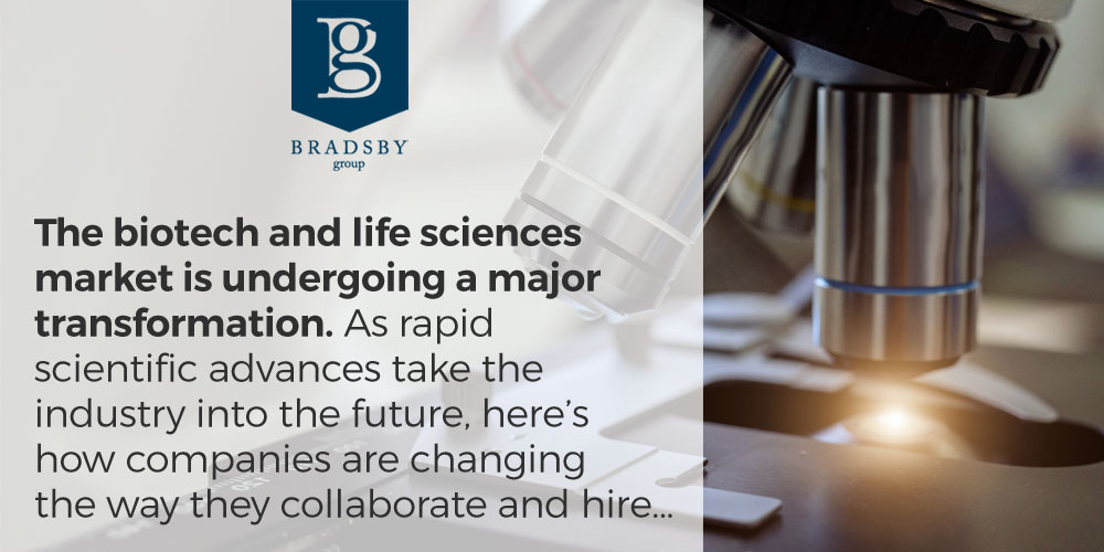 - Bradsby Group biotech industry trends - The biotech and life sciences market is undergoing a major transformation. As rapid scientific advances take industry into the future, here's how companies are changing the way they collaborate and hire...